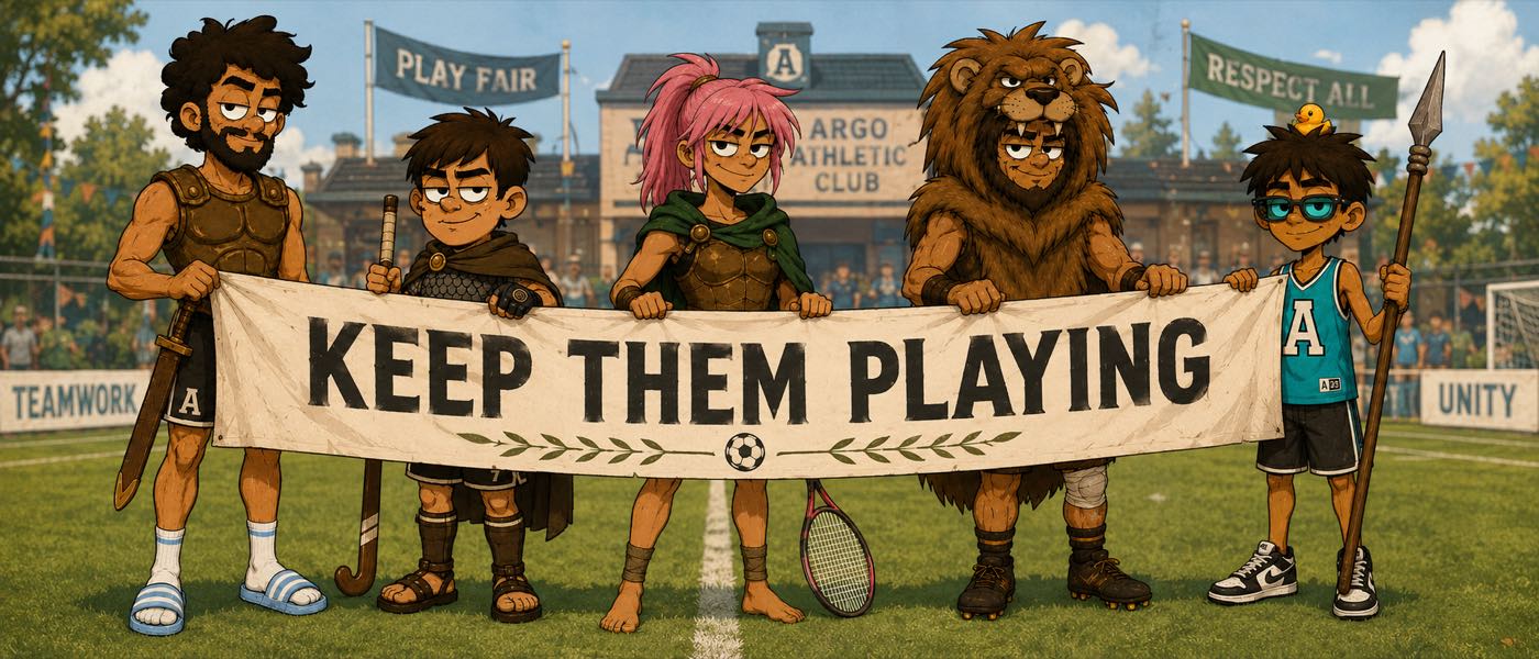 La tripulación del Argo y chicos de un club sostienen un cartel que dice Keep them playing, en una cancha con banderas de juego limpio, respeto, equipo y unidad.